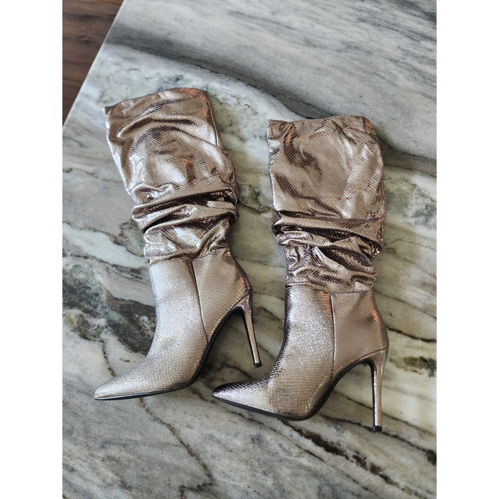 Metallic Rose Gold Snakeskin Slouchy Stiletto Knee High Boots Pointed Toe 7M